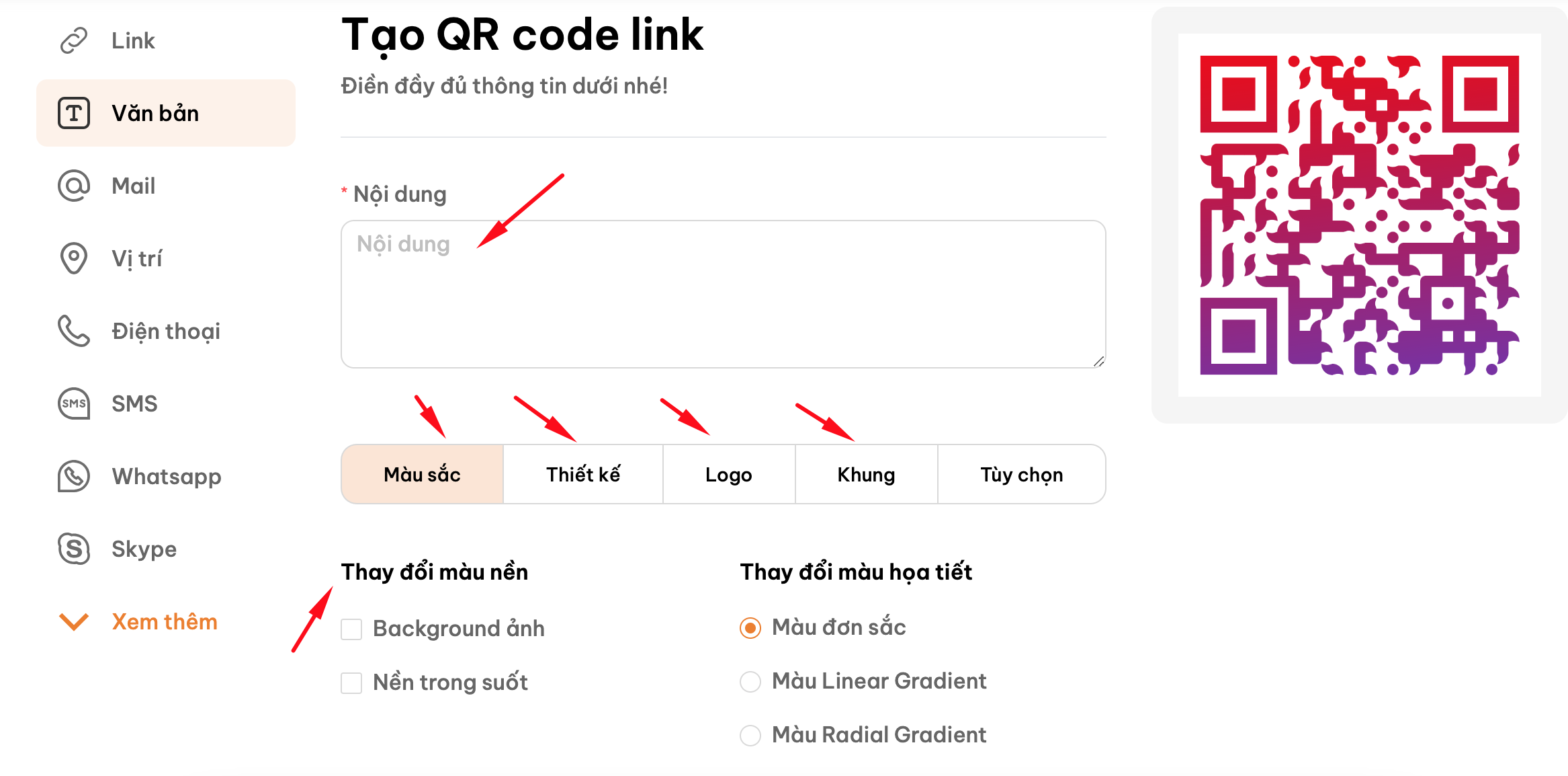 Thêm nội dung mã QR 
