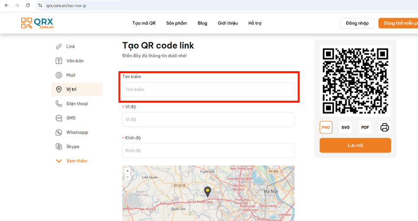 Tìm kiếm vị trí cần tạo mã QR Code